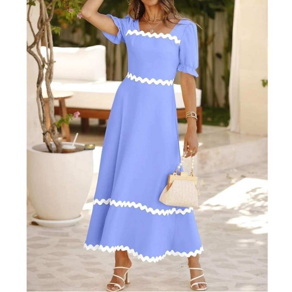 Brand New Blue Flowy Maxi Dress w/ White Ric Rac Tie Back Smocked Puff Sleeves